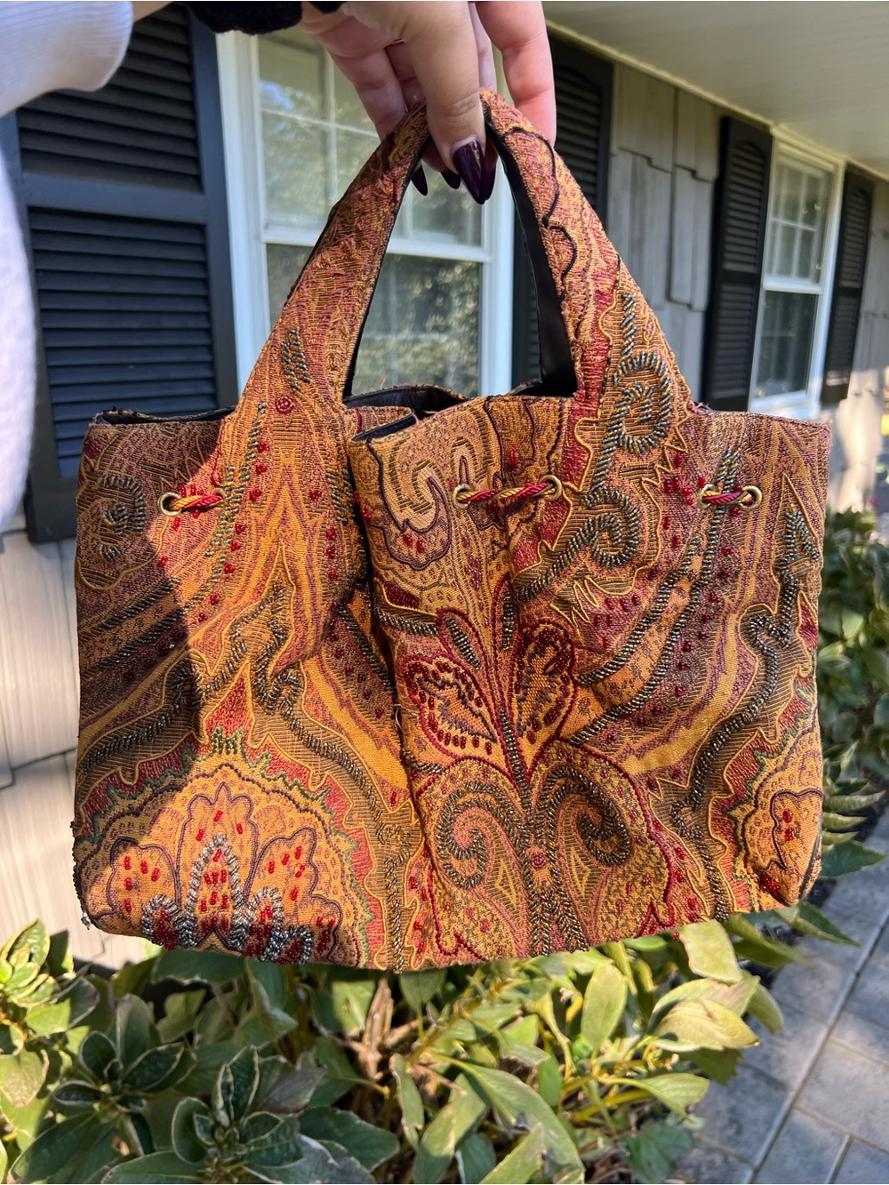 Vintage Tapestry Beaded Tote Bag